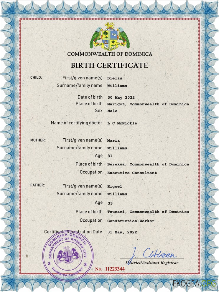 Modèle PSD de certificat de naissance de l'état civil de la Dominique